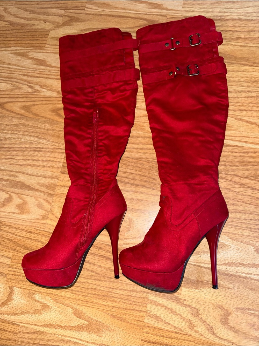 Women's Red Over-the-Knee Stiletto Boots with Buckle Detail